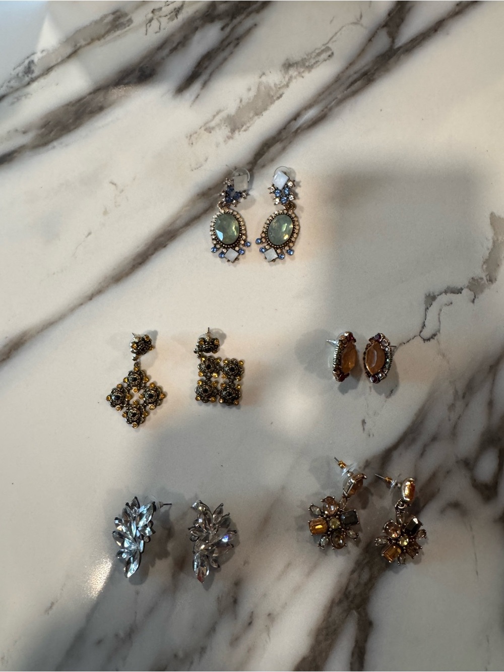 Gold and Green Crystal Drop Earrings - Women's Fashion Jewelry - 5 pairs